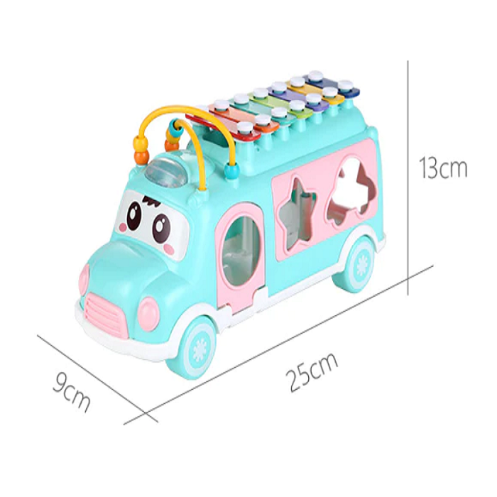 3 az 1-ben interaktív, zenélő kisbusz gyerekeknek – xilofonnal, színes gyöngyökkel, különféle formájú kockákkal (BBJ) (6)