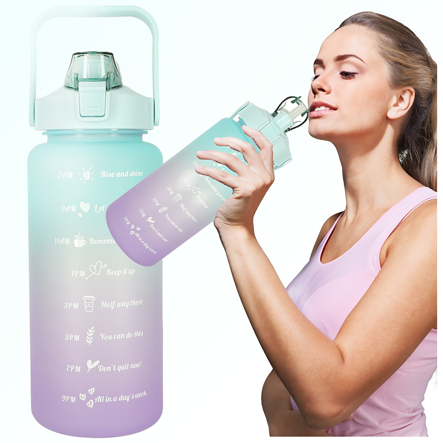Könnyen hordozható vizes palack szívószállal, fogantyúval – színes kulacs motivációs üzenetekkel, 2000ml (BBI- 4667)