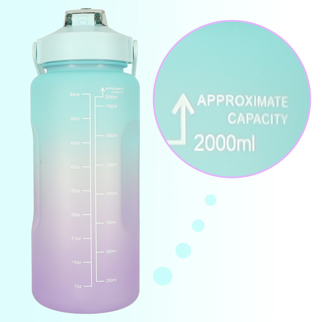 Könnyen hordozható vizes palack szívószállal, fogantyúval – színes kulacs motivációs üzenetekkel, 2000ml (BBI- 4667)8